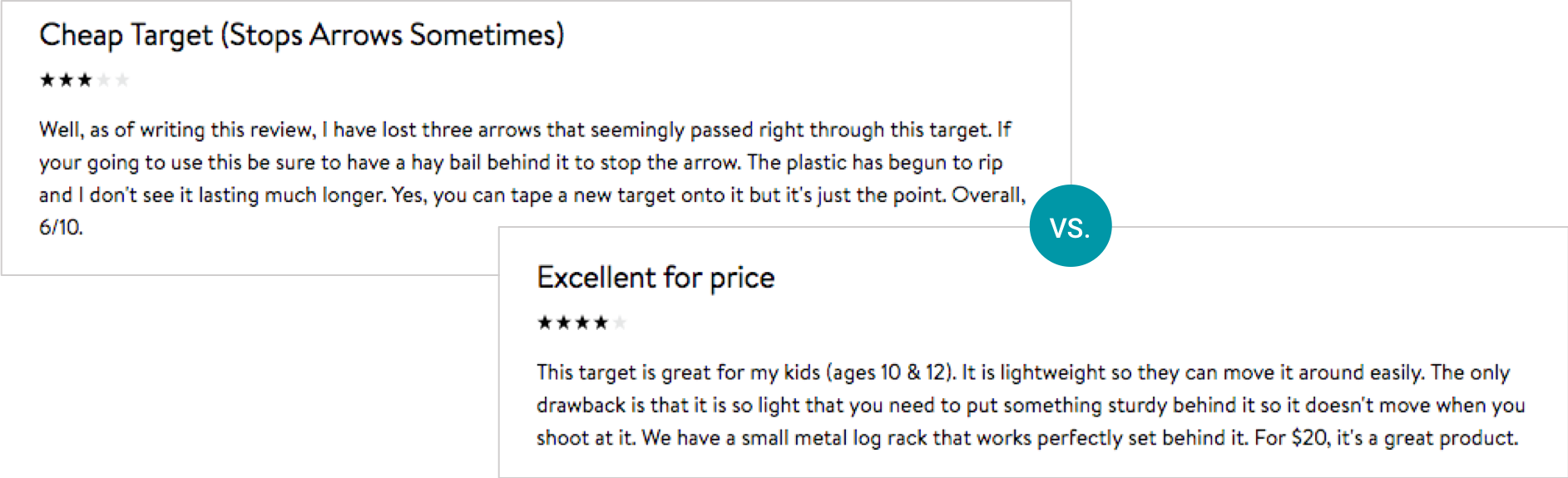 side-by-side comparison of bad versus good customer review, as affected by brand positioning