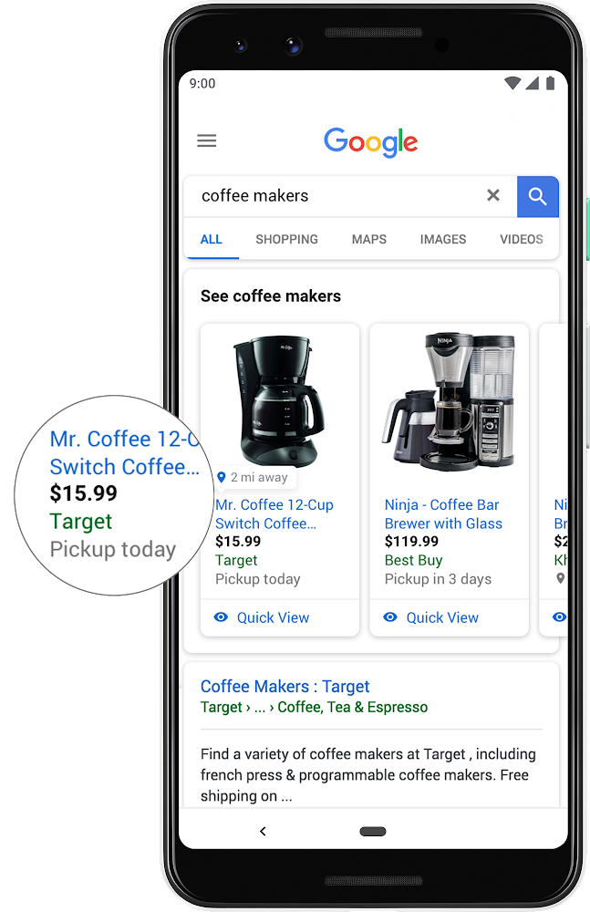 in-store pickup notification on google shopping