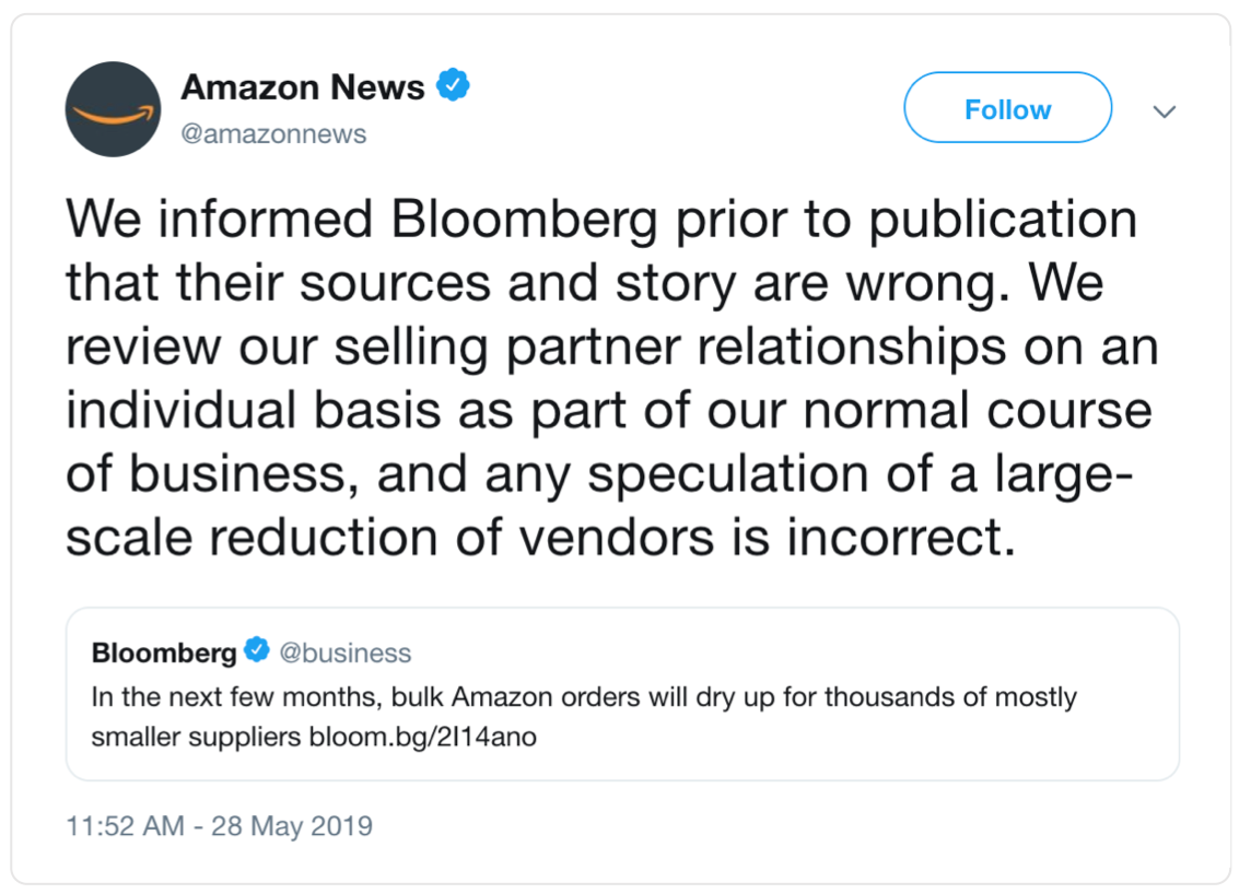 amazon's twitter reply to bloomberg's report of a supplier purge