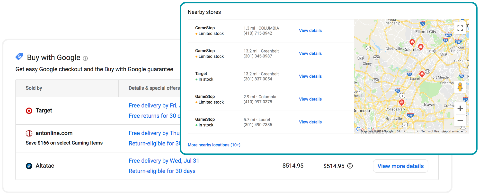full list of vendors and nearby stores on google shopping