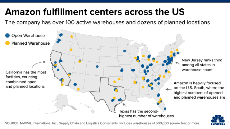 map of all of amazon's fulfillment centers in the u.s.
