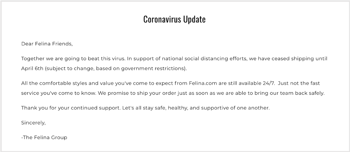 felina memo to customers about coronavirus impact to business