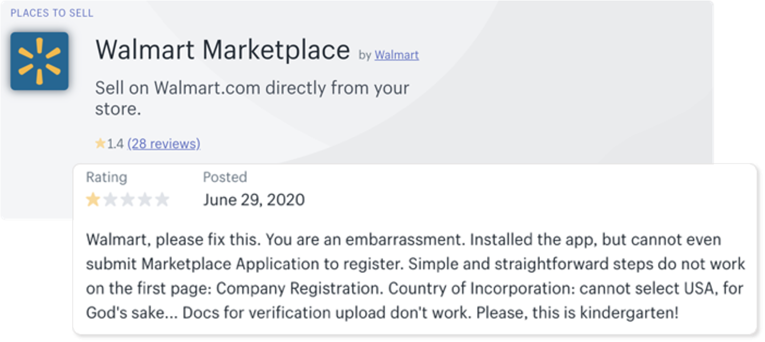 one star review posted in shopify's app store about walmart integration