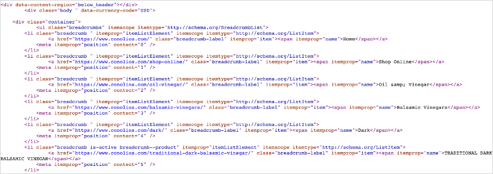 screenshot of schema markup on an ecommerce site