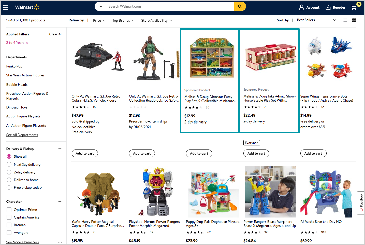 Screenshot showing search in-grid ad placement on Walmart