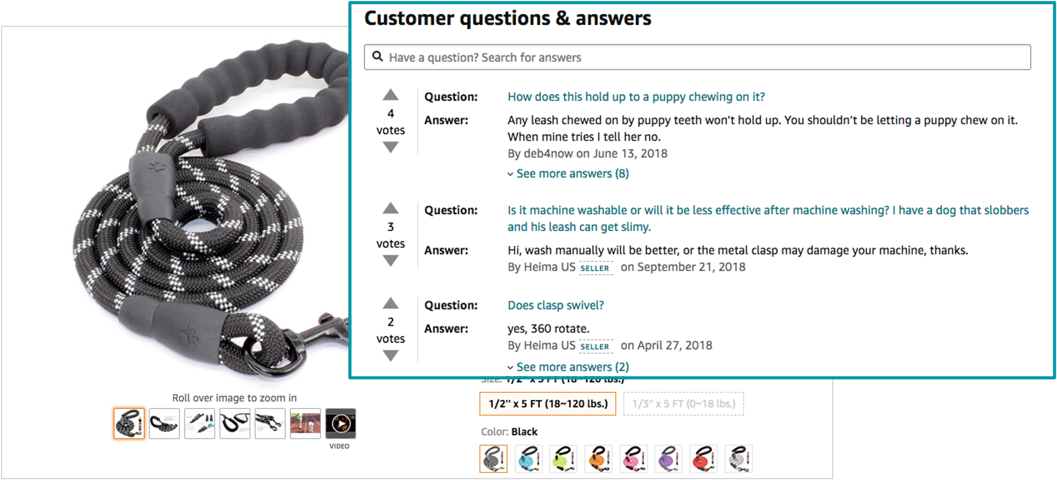 screenshot of an amazon listing with customer questions that can be reused for bullet points