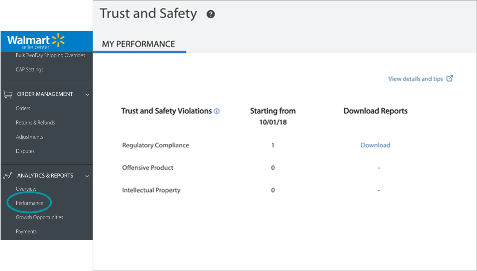 screen capture of walmart's trust and safety dashboard
