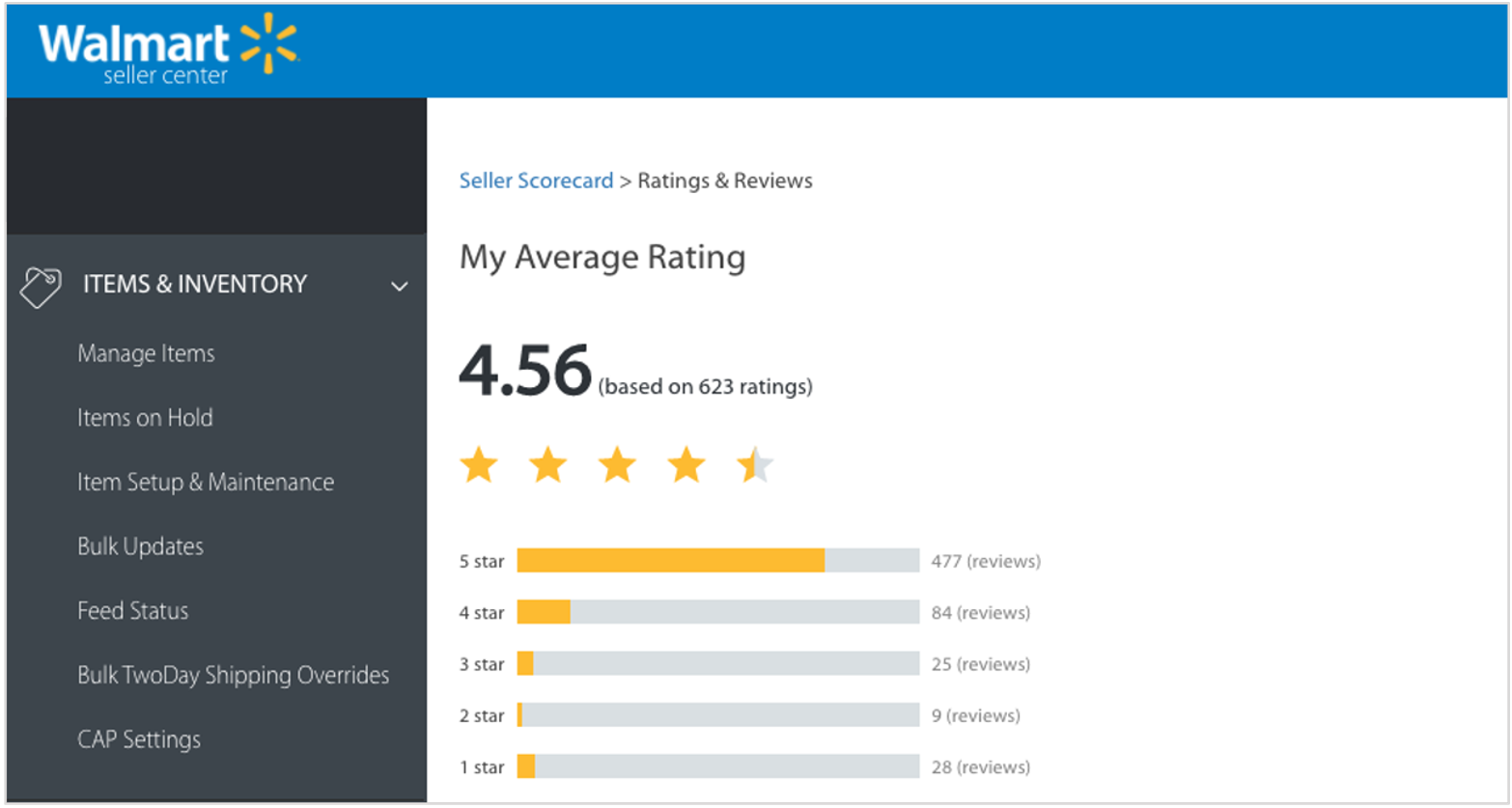 screenshot of seller scorecard in walmart seller center