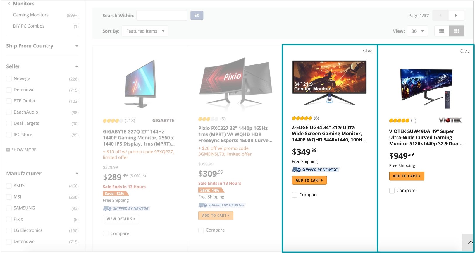 screenshot of newegg sponsored product ads in search results