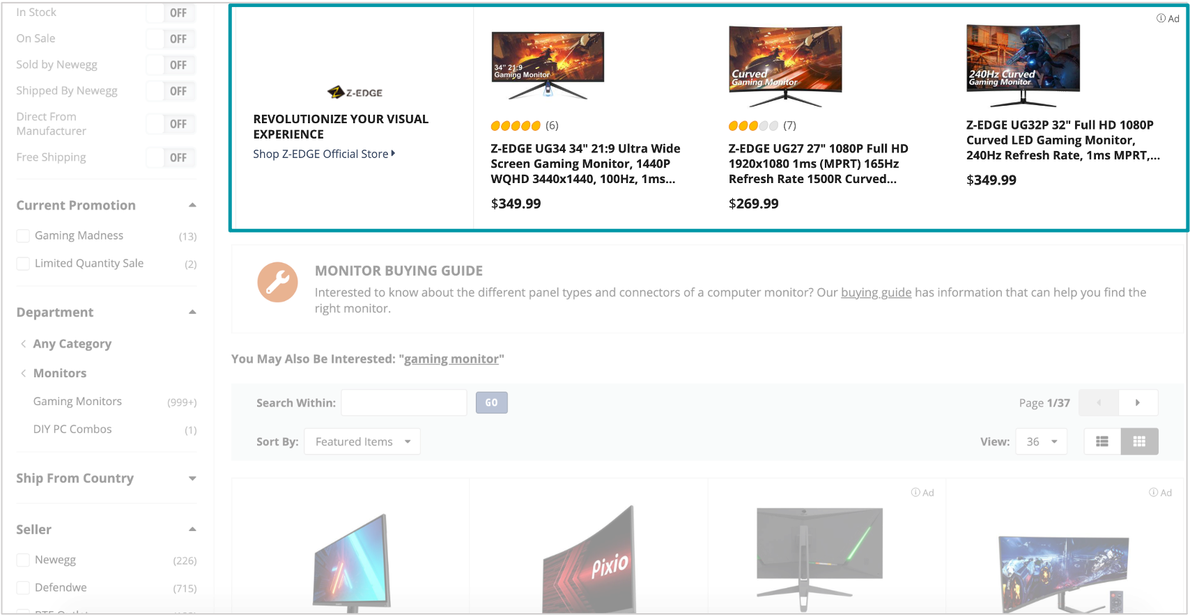 screenshot of Newegg headline ads