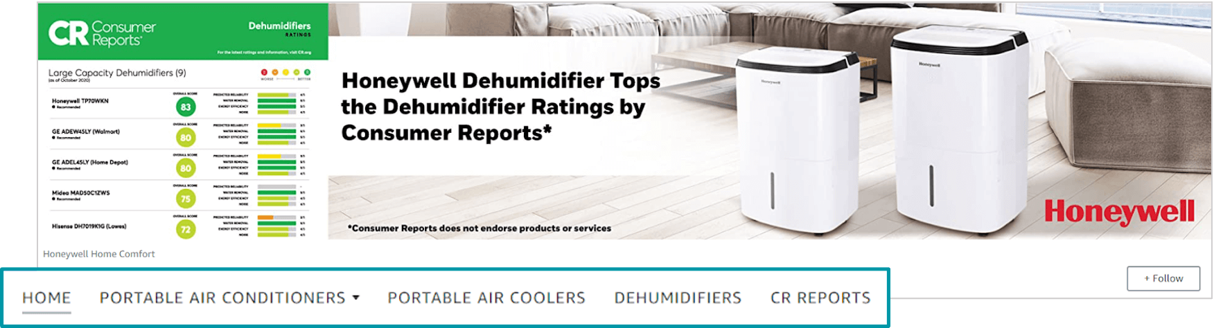 screenshot of honeywell's amazon store hero