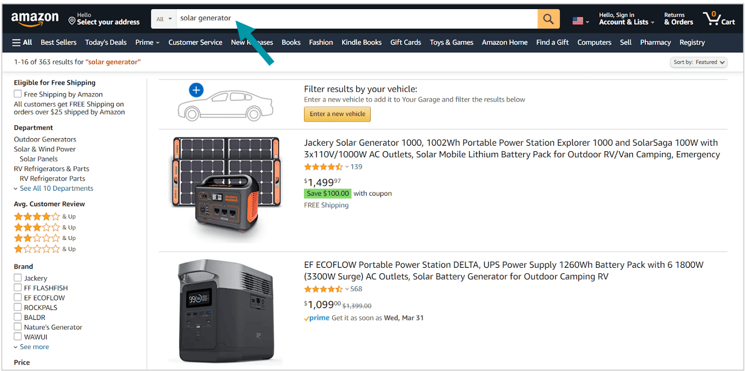 example of user searching for solar generator on Amazon