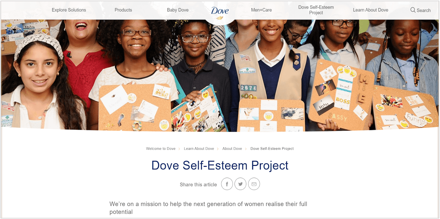 dove homepage showing its brand purpose