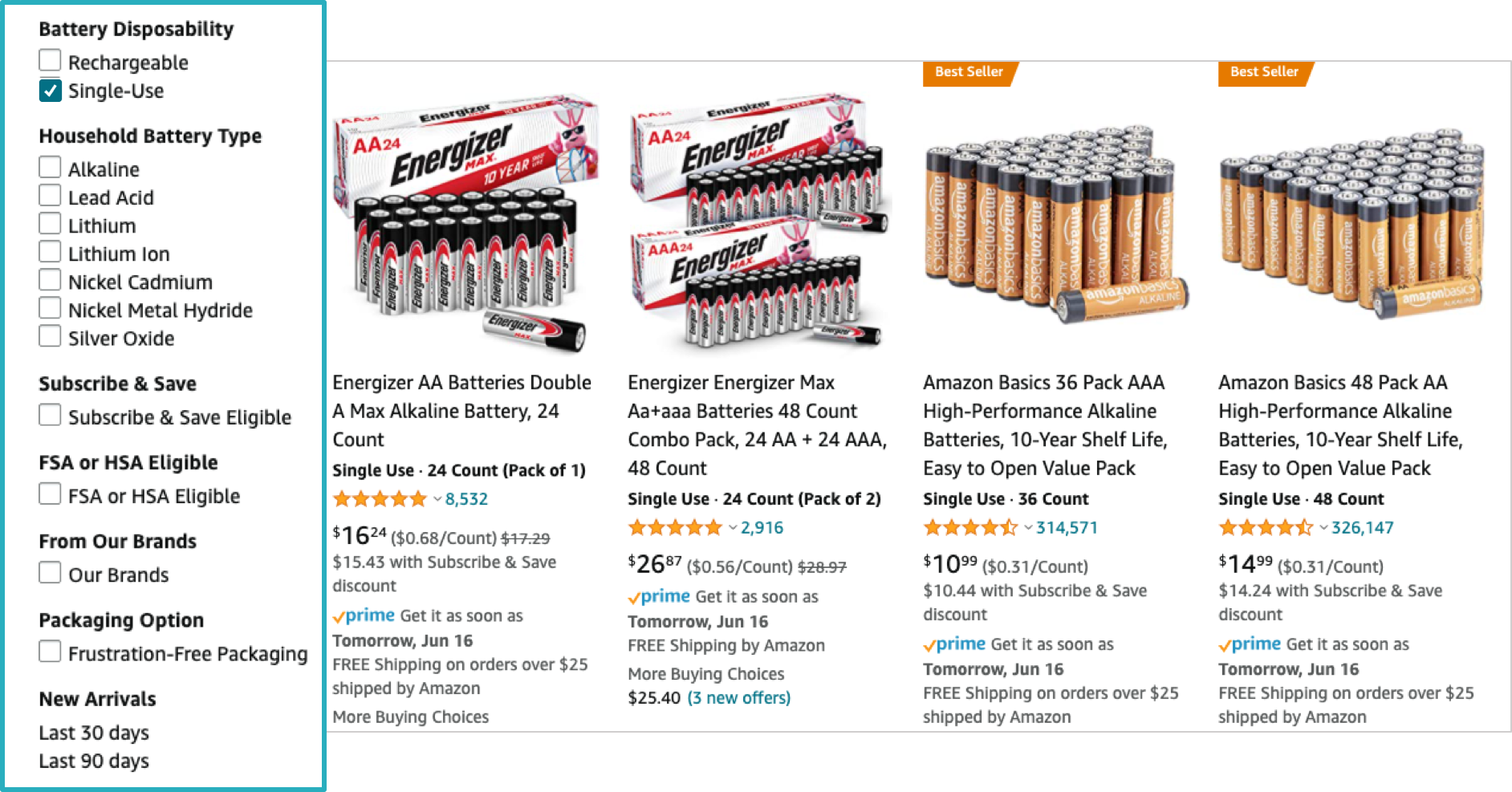 amazon filter menu on batteries result page