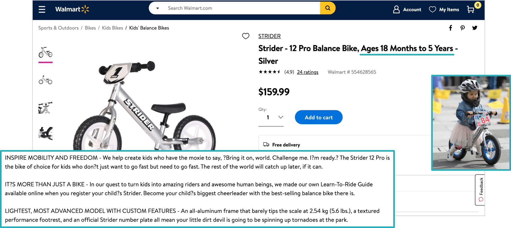 Strider's Walmart listing with strong copywriting