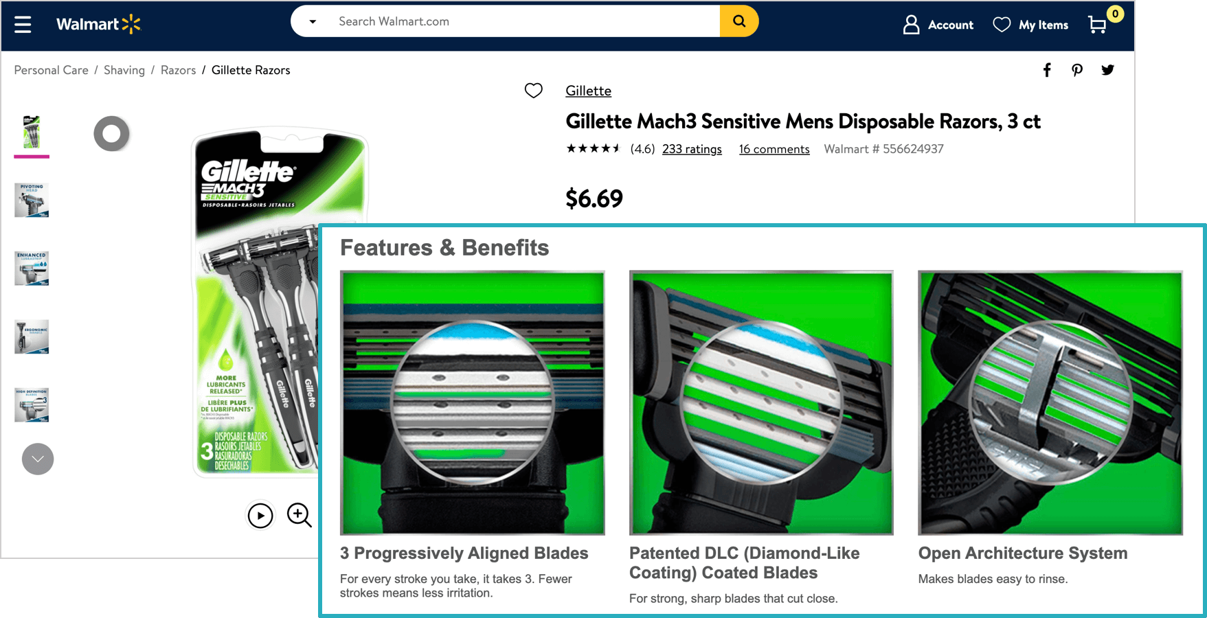 Gillette's Walmart Listing with enhanced content
