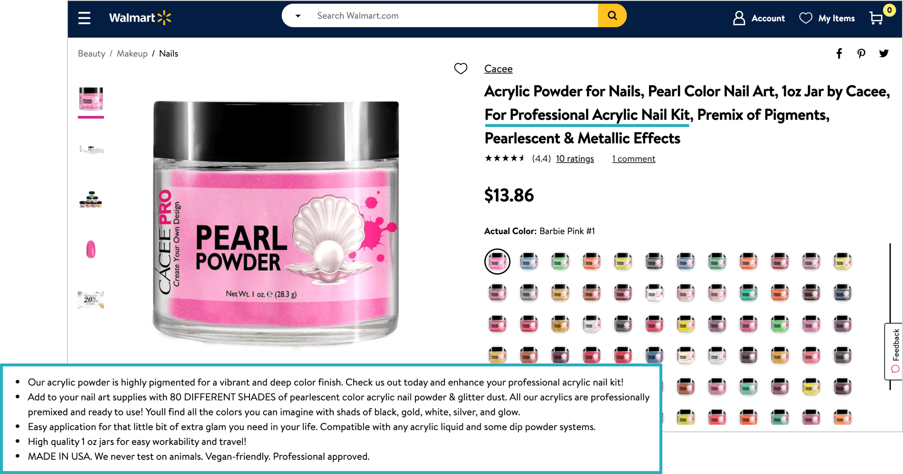 Cacee's Walmart Listing with strong copywriting and variants