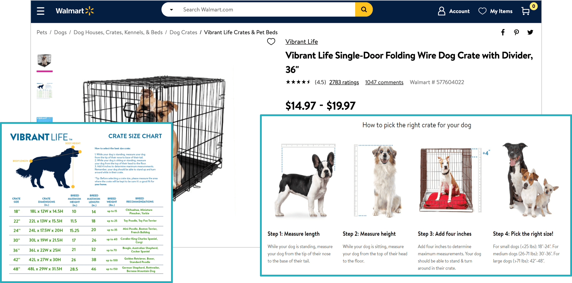 Vibrant Life Walmart listing with size chart and instructions