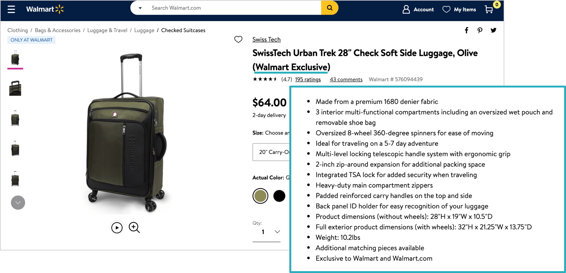 SwissTech's Walmart listing with detailed description