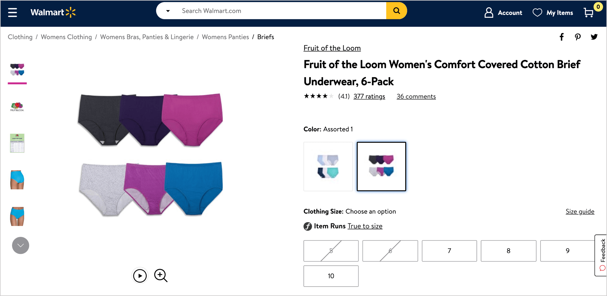 Fruit of the Loom's Walmart listing with high-quality variant images