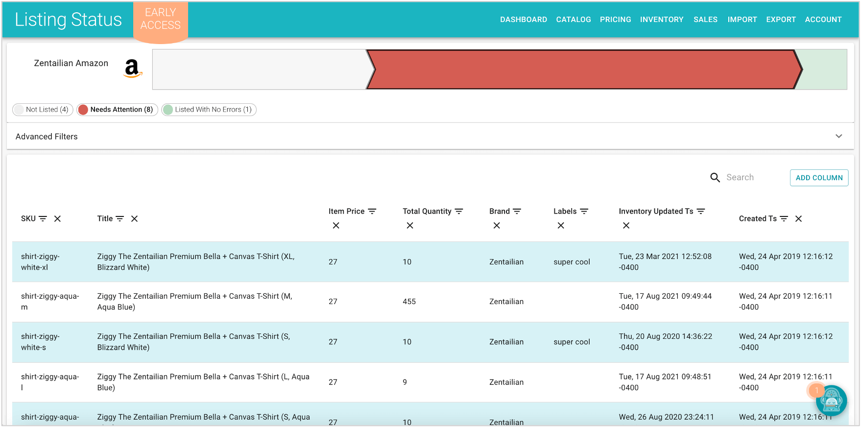 screenshot of listing status dashboard in Zentail