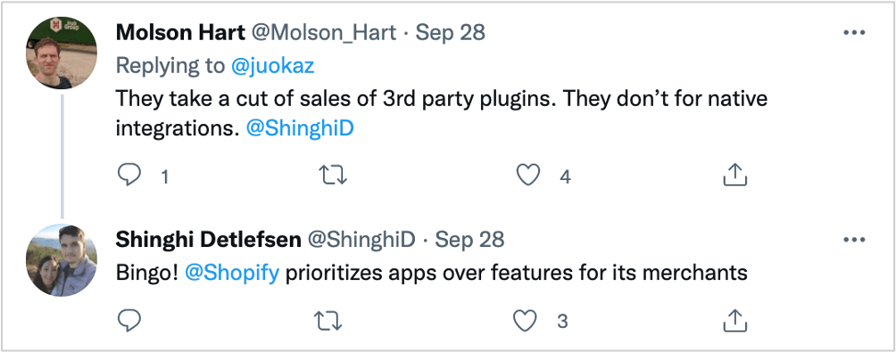 screenshot of a twitter conversation about Shopify retiring its amazon app