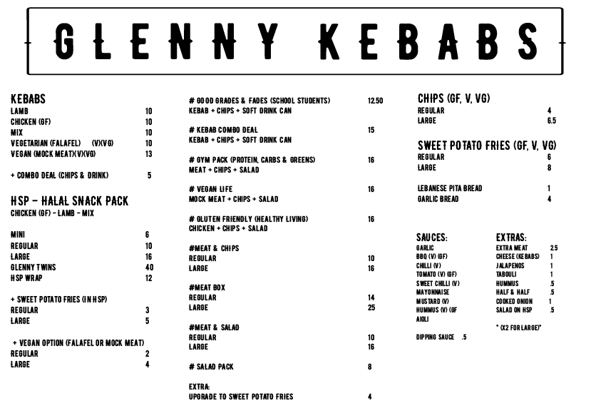 Glenny Kebabs Menu