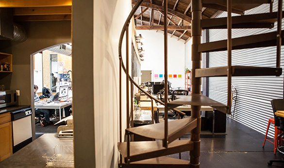 the perch coworking space interior with spiral staircase