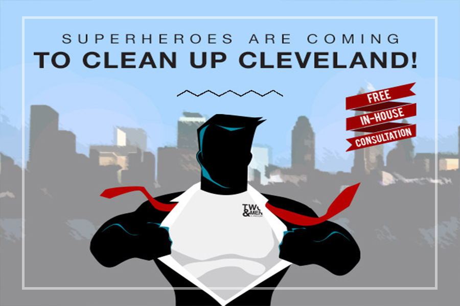 graphic with superhero cartoon that reads "superheroes are coming to clean up cleveland"