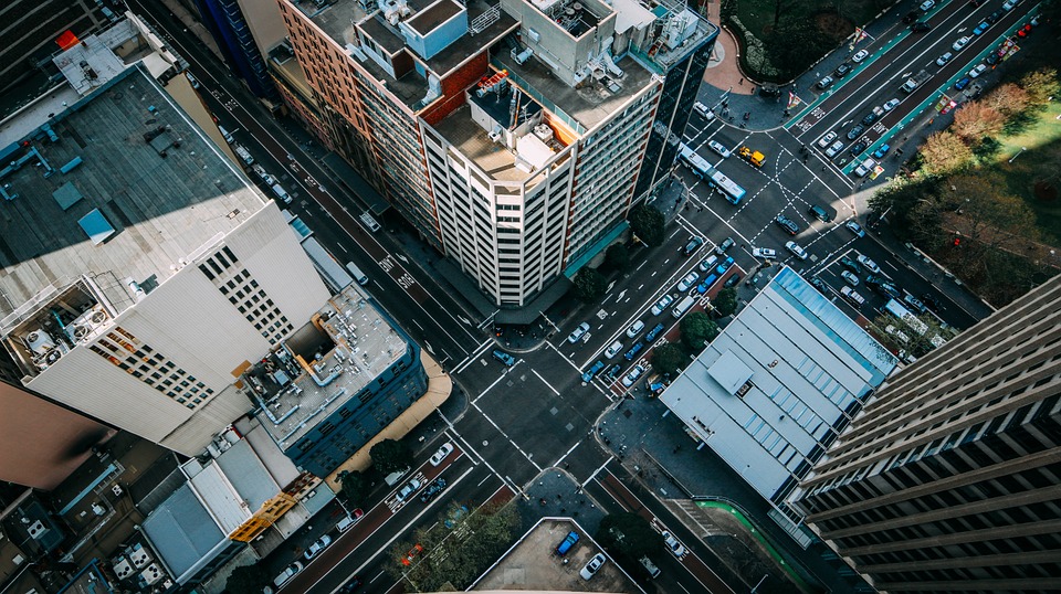 bird's-eye view of a city intersection