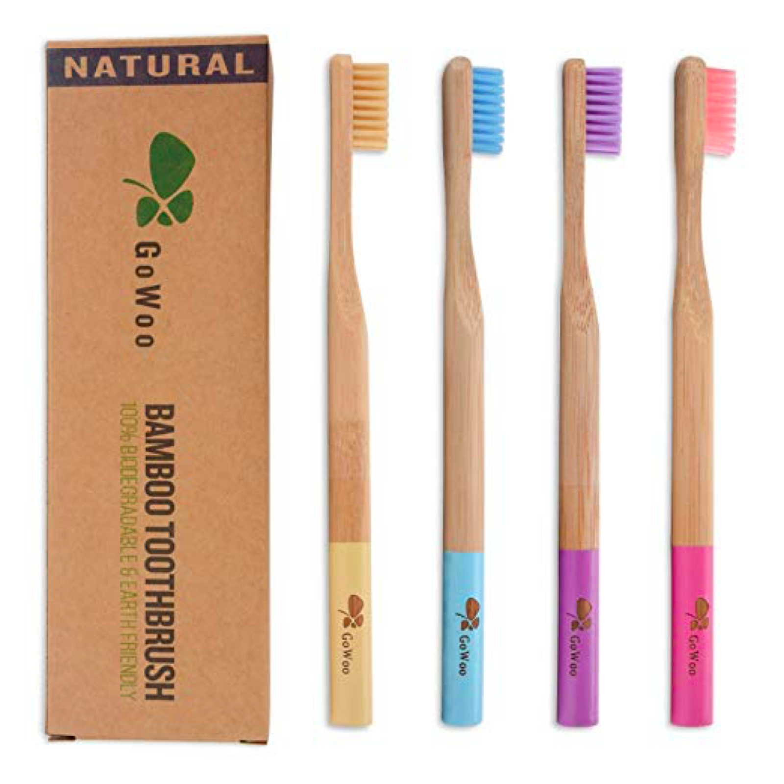 GoWoo Bamboo Toothbrush. Small cardboard box with logo next to four bamboo toothbrushes.