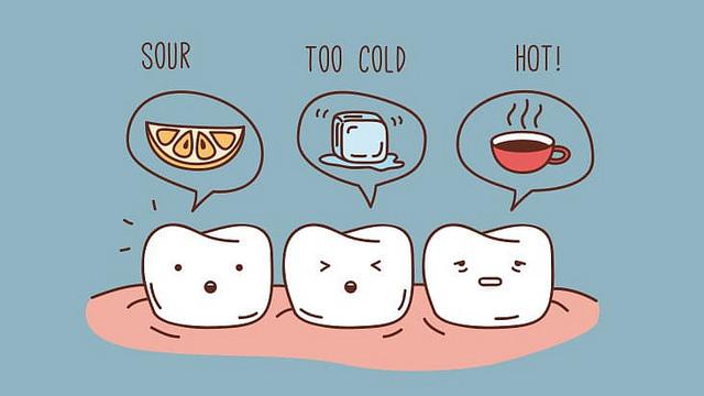 From left to right, three animated teeth think sour, too cold, and hot!