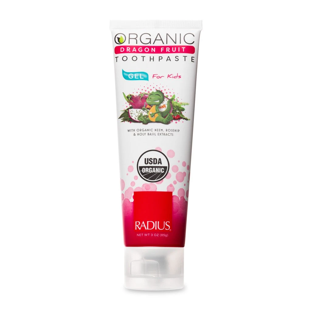 An organic dragon fruit gel toothpaste for kids from RADIUS.