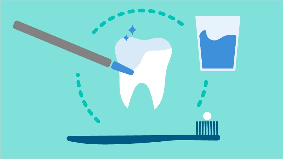 A light blue diagram of a tooth and toothbrush.