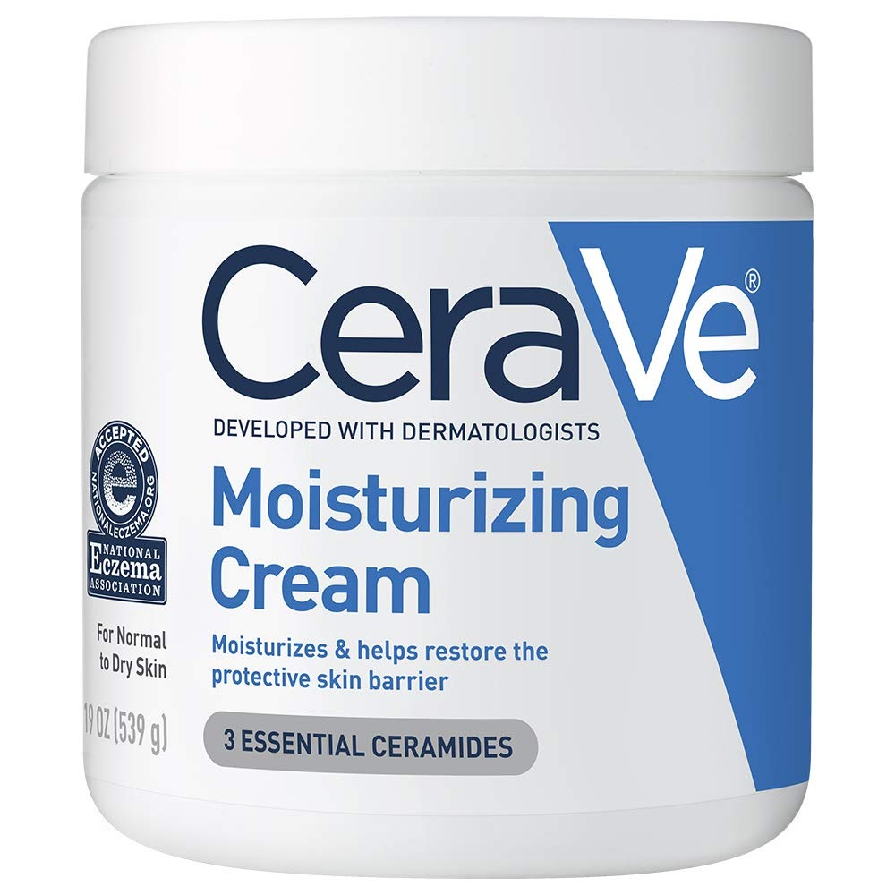 A white and blue jar of CeraVe moisturizing cream.
