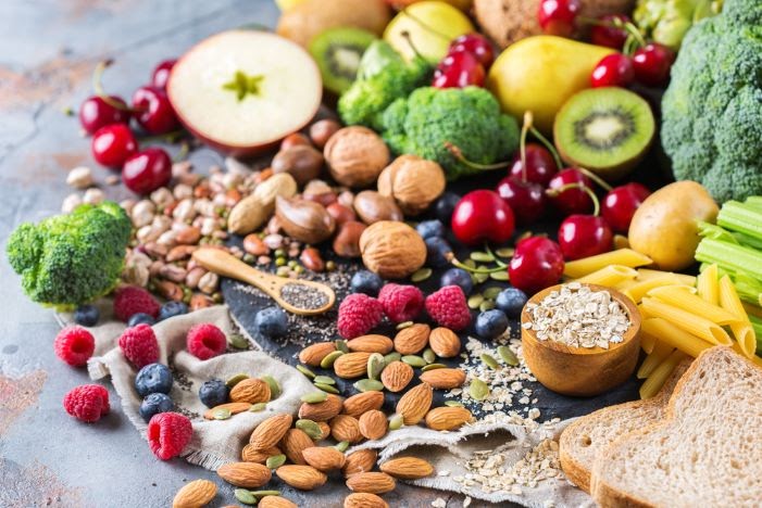 Vibrant and fiber-rich vegetables, fruits, and nuts.