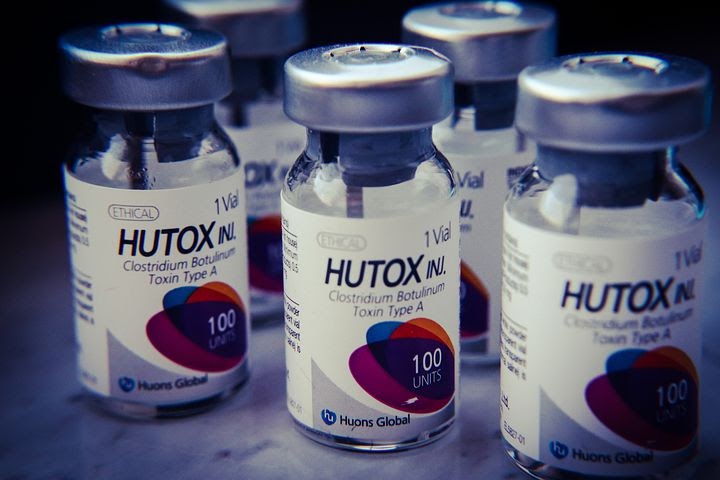 an array of botulinum toxin vials at a doctor's office