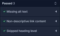 Abbildung eines Teils des Accessibility Panels der Webflow Designer Benutzeroberfläche, in dem zu sehen ist, dass keine Alt Texte (wie dieser) und keine Link-Beschreibungen fehlen sowie kein Level der Überschriften übersprungen wurde.