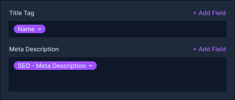 Angepasste Abbildung des Meta Panels der Webflow Designer Benutzeroberfläche, in der verschiedene dynamische Meta Einstellungen für eine Seite einer Website definiert werden zu sehen ist.
