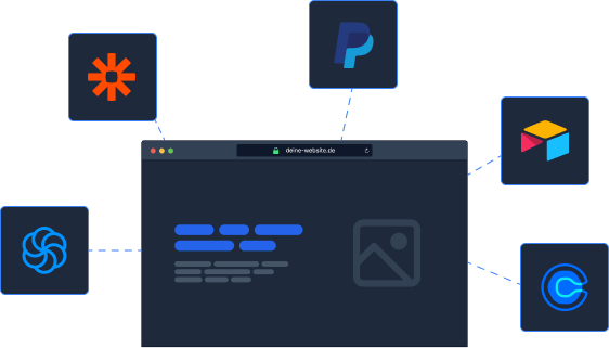 Illustration in Form eines Website Mockups, das darum herum Logos von verschiedenen Tools beinhaltet. Die Tools sind mit Linien mit dem Website Mockup verbunden und symbolisieren die Möglichkeit zur vielfältigen Erweiterbarkeit einer Website durch externe Dienste.