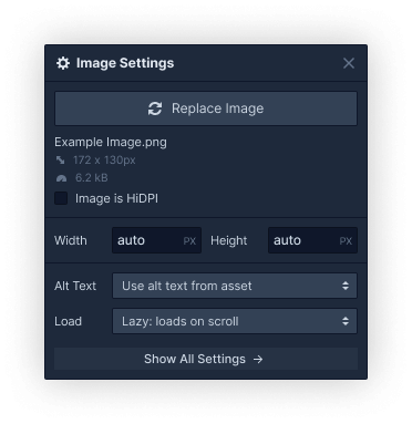 Angepasste Abbildung des Bild Einstellungs-Panels der Webflow Designer Benutzeroberfläche zu sehen sind.