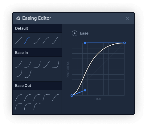 Angepasste Abbildung des Easing Panels der Webflow Designer Benutzeroberfläche, in der verschiedene cubic-bezier Kurven zu sehen sind.