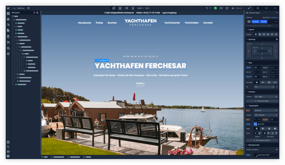 Angepasste Abbildung der gesamtes Webflow Designer Benutzeroberfläche, in der die von Vibrand Design entwickelte Website für den Yachthafen Ferchesar zu sehen ist.