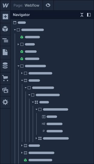 Angepasste Abbildung eines Navigator Panels der Webflow Designer Benutzeroberfläche, in der strukturelle Aufbau der Website zu sehen ist.