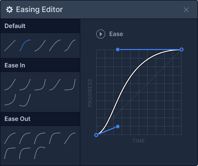 Angepasste Abbildung des Easing Panels der Webflow Designer Benutzeroberfläche, in der verschiedene cubic-bezier Kurven zu sehen sind.