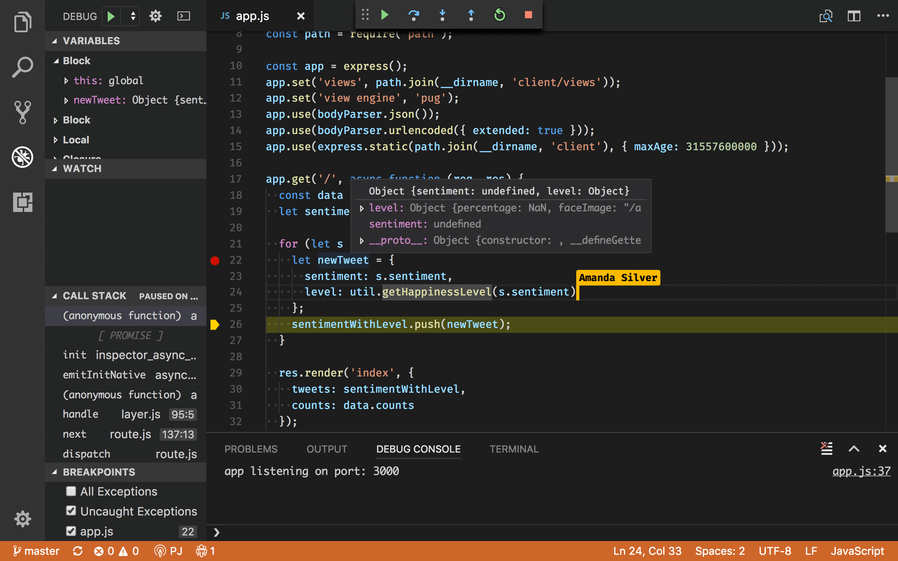 Live Share debugging tools when sharing a Live Share session in VS Code