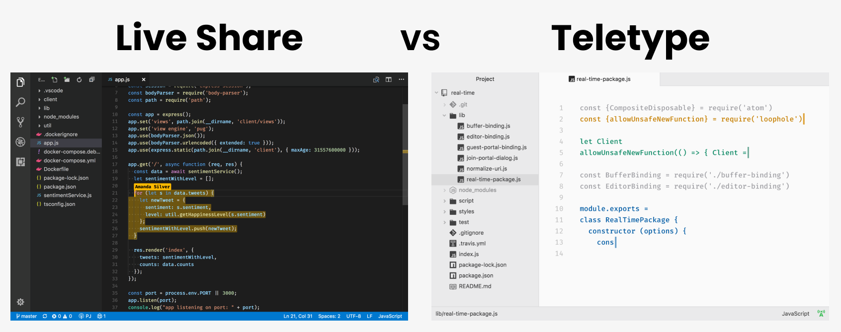 Live Share for Microsoft's VS Code and Visual Studio vs Teletype for GitHub's Atom, both useful for collaborative code editing in your native text editor and IDE