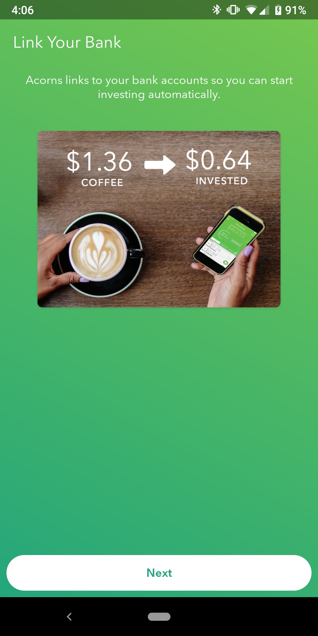 Acorn's mobile app screen prompting users to link their bank