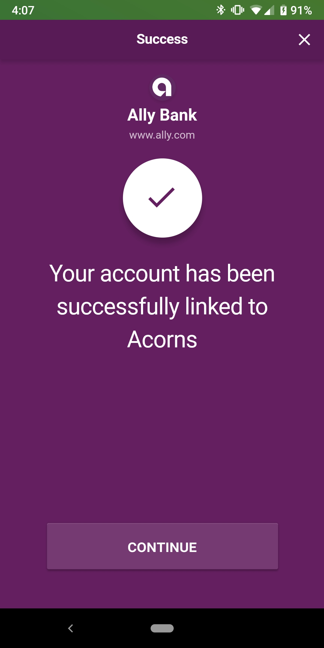 Acorn's success screen on their mobile app once users link their bank
