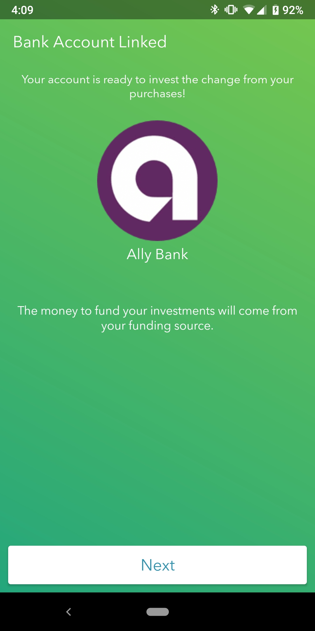 Acorn's second success screen after linking a bank account on their mobile app